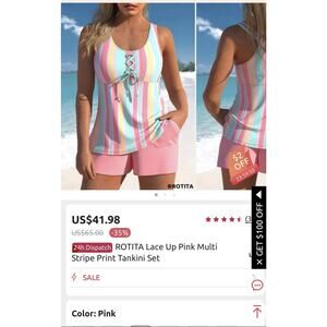 Modlily Women’s Size XL Lace Up Pink Multi Stripe Print Tankini NWOT